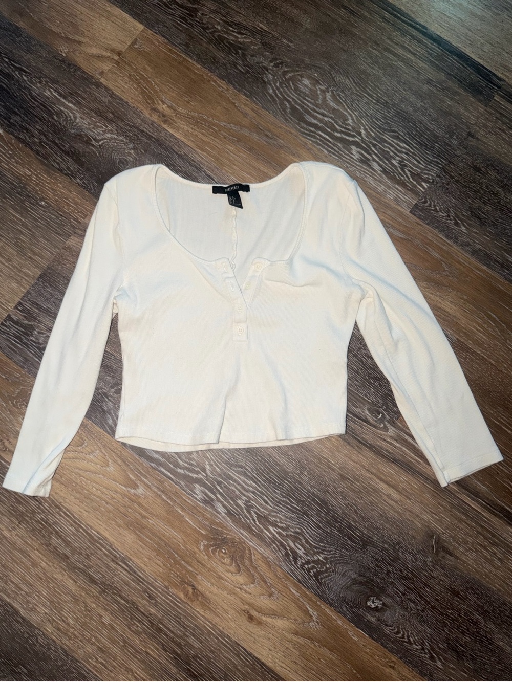 Forever 21 White Long-Sleeve Henley Crop Top
